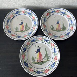 HB Quimper Handpainted Plates // Set of 3 // Breton Woman